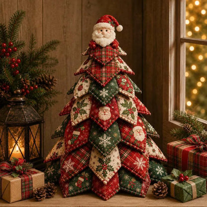 Vintage Style DIY Quilted Christmas Tree Kit Handcraft Beginner‑Friendly 3D Tabletop Christmas Sewing Kit Santa Claus Girl