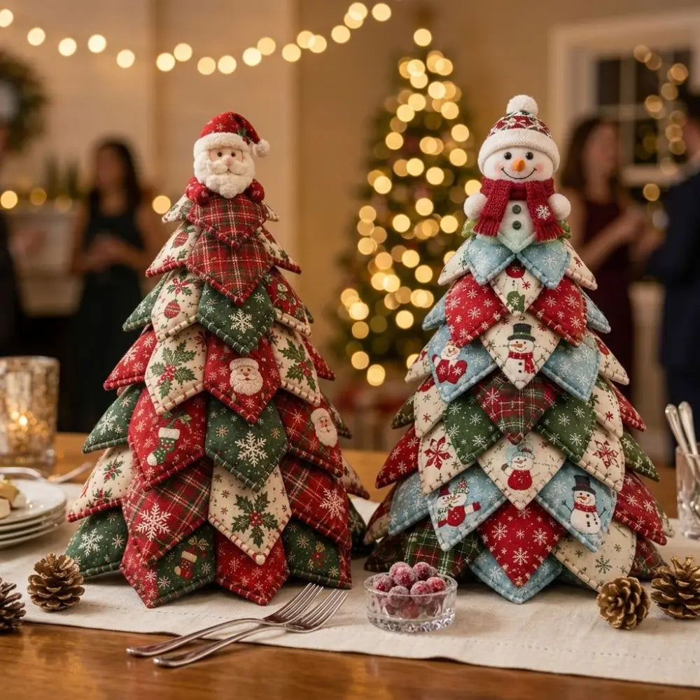 Vintage Style DIY Quilted Christmas Tree Kit Handcraft Beginner‑Friendly 3D Tabletop Christmas Sewing Kit Santa Claus Girl