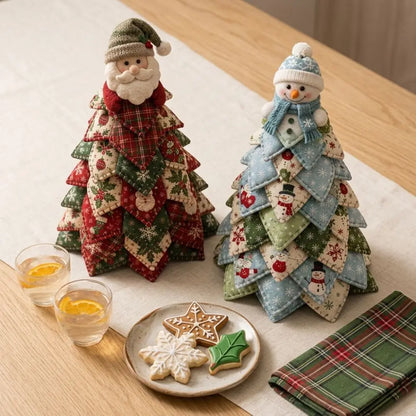 Vintage Style DIY Quilted Christmas Tree Kit Handcraft Beginner‑Friendly 3D Tabletop Christmas Sewing Kit Santa Claus Girl